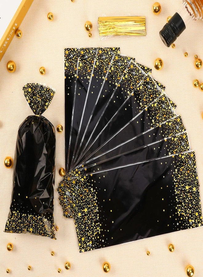 Linsuminn Black Gold Party Favor Bags, 100 PCS Black Gold Treat Bags, Plastic Star Dot Candy Cookie Goodie Gift Bag Holiday Snack Treat Bag with Gold Twist Tie for New Year Birthday Wedding Party Favor Supplies - Image 2